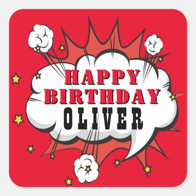 Superhero Comic Speech Bubble Boy Happy Birthday Quadratischer Aufkleber (Vorderseite)