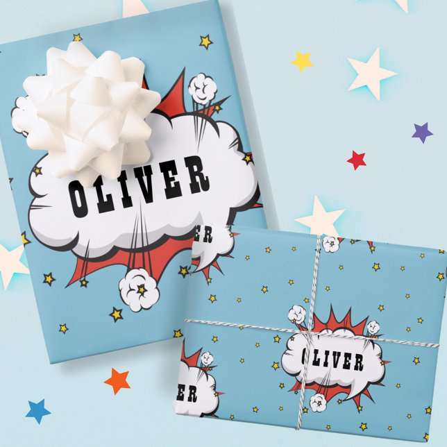 Superhero Comic Speech Bubble Boy Name Geschenkpapier Set (Von Creator hochgeladen)