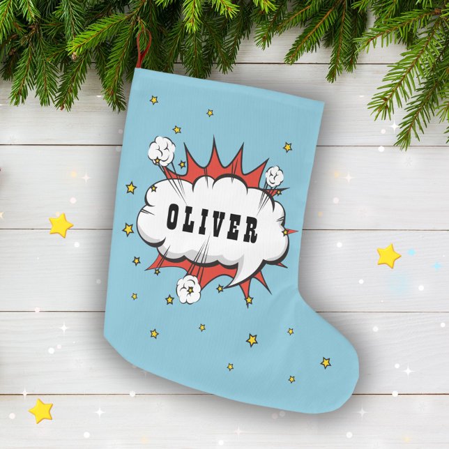 Superhero Comic Speech Bubble Boy Name Großer Weihnachtsstrumpf (Von Creator hochgeladen)