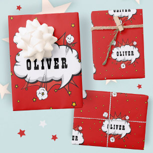 Superhero Comic Speech Bubble Red Boy Name Geschenkpapier Set