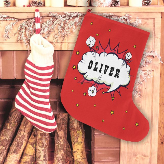 Superhero Comic Speech Bubble Red Boy Name Großer Weihnachtsstrumpf (Von Creator hochgeladen)