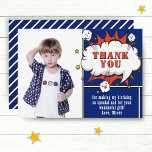 Superhero Comic Speech Cloud Boy Photo Birthday Dankeskarte<br><div class="desc">Superhero Comic Speech Cloud Boy Photo Birthday Thank You Card. Add your photo,  message and name. Fun cartoon birthday thank you card for boys in dark blue color.</div>