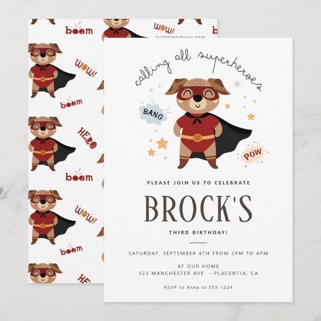 Superhero Dog Birthday Puppy Pawty Einladung (Vorne/Hinten)