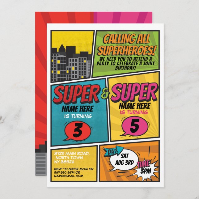 Superhero Einladung Gemeinsame Party Jungs Mädchen (Vorne/Hinten)