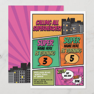 Superhero Einladung Gemeinsames Party Rosa Comic