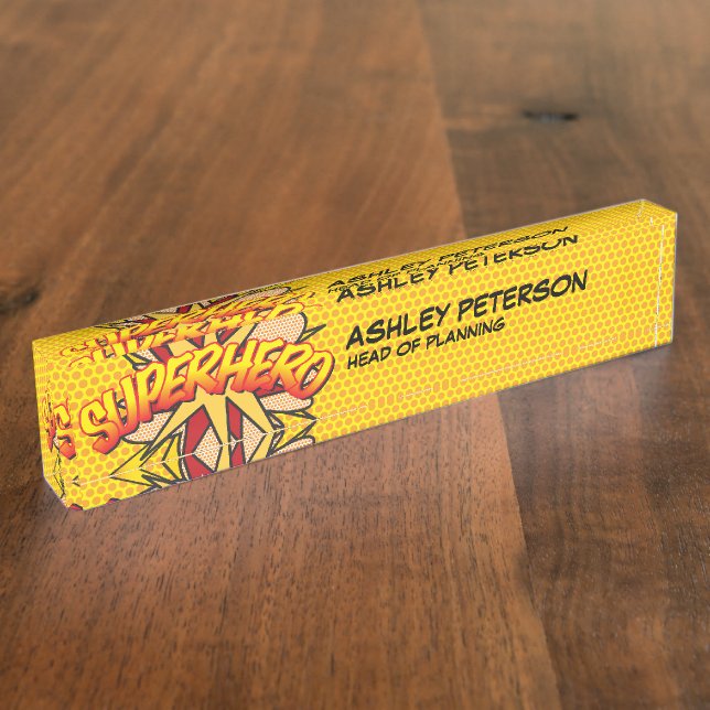 SUPERHERO Fun Retro Comic Book Namensplakette (Seite)