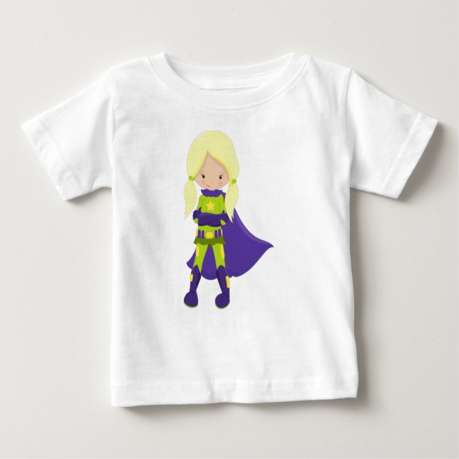 Superhero Girl, Blonde Hair, Held, Lila Kap Baby T-shirt (Vorderseite)
