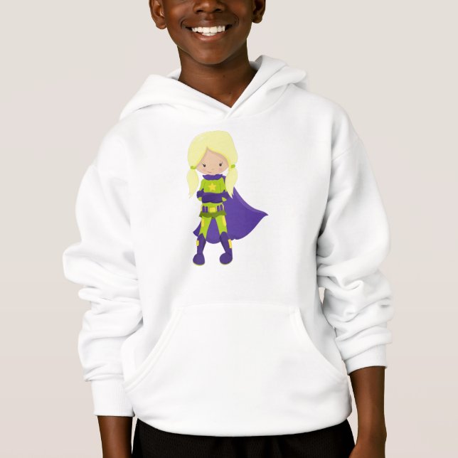 Superhero Girl, Blonde Hair, Held, Lila Kap Hoodie (Vorderseite)