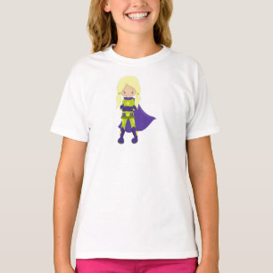Superhero Girl, Blonde Hair, Held, Lila Kap T-Shirt