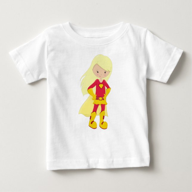 Superhero Girl, Blonde Hair, Held, Rotes Kostüm Baby T-shirt (Vorderseite)