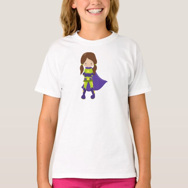 Superhero Girl, Niedlich Girl, Braunhaar, Lila Kap T-Shirt (Vorderseite)