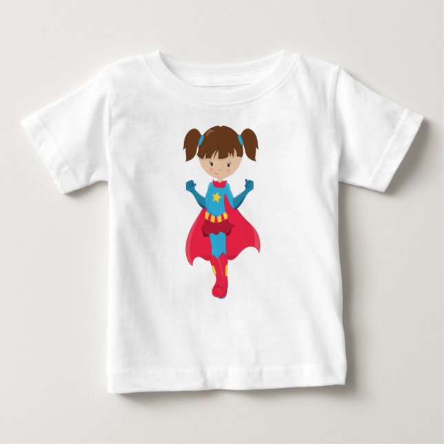 Superhero Girl, Niedlich Girl, Braunhaar, Rotes Ka Baby T-shirt (Vorderseite)