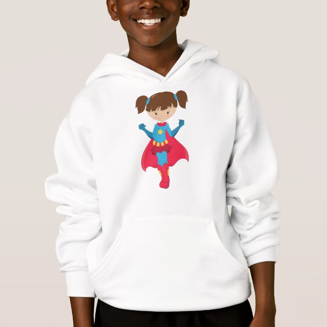 Superhero Girl, Niedlich Girl, Braunhaar, Rotes Ka Hoodie (Vorderseite)