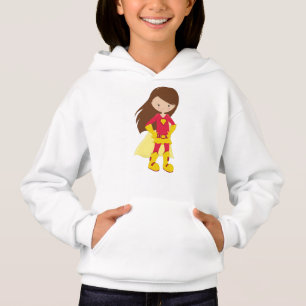 Superhero Girl, Niedlich Girl, Braunhaar, Rotes Ko Hoodie