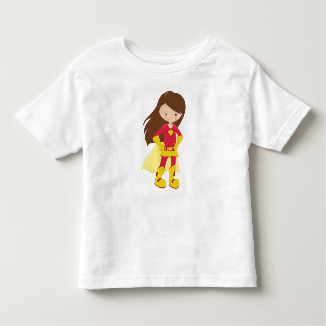 Superhero Girl, Niedlich Girl, Braunhaar, Rotes Ko Kleinkind T-shirt (Vorderseite)