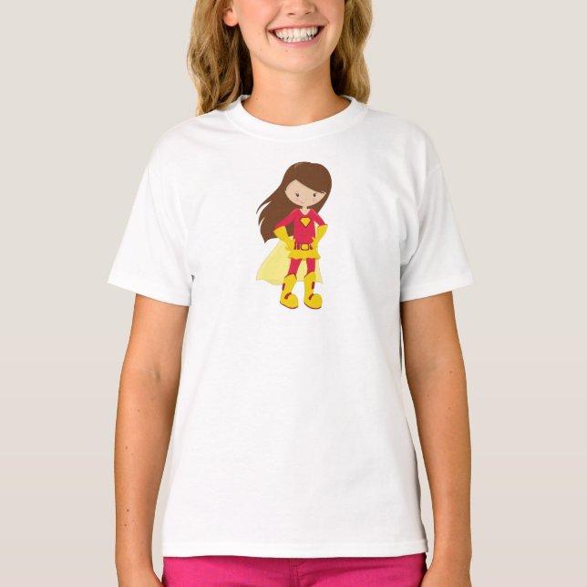 Superhero Girl, Niedlich Girl, Braunhaar, Rotes Ko T-Shirt (Vorderseite)