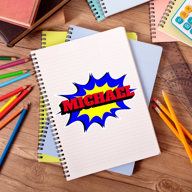 Superhero Kids Comic Buch Personalisierter Name Aufkleber (Von Creator hochgeladen)