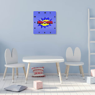 Superhero Kids Comic Buch Personalisierter Name Quadratische Wanduhr