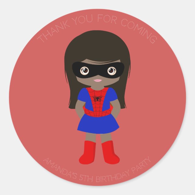 Superhero Kids Girls Geburtstagsparty Roter Sticke Runder Aufkleber (Vorderseite)