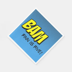 Superhero Napkins - Gelbe "Bam", blaue Rückseite Serviette