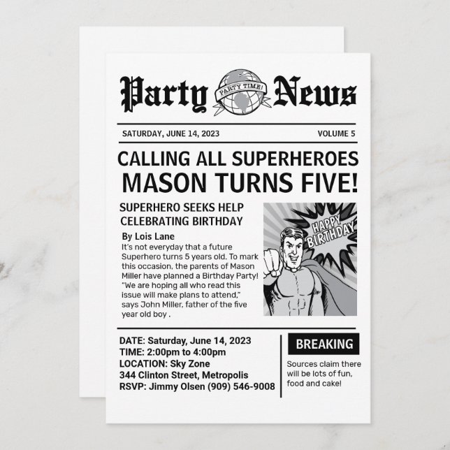 Superhero Newspaper Einladung zum Geburtstag (Vorne/Hinten)