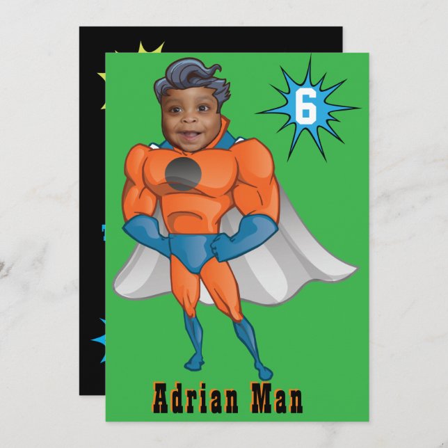 Superhero Orange Birthday Invite Einladung (Vorne/Hinten)