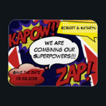 Superhero Parody Save the Date Wedding Magnet<br><div class="desc">Ein cooler,  lustiger und trendiger "Save the Date" Hochzeitsmagnet. Fett & lebhaft Farben,  Comic Kunst und die Nachricht "Wir kombinieren unsere Superkräfte" Fügen Sie Datum und Namen hinzu.</div>