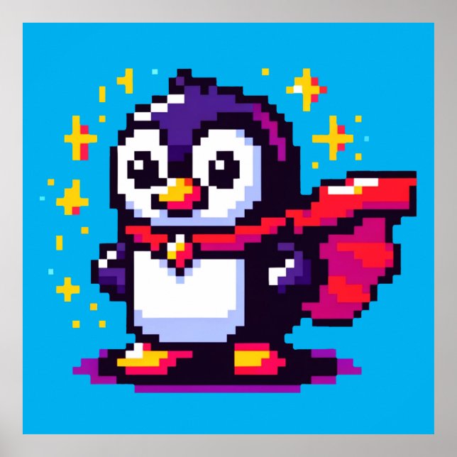 Superhero Penguin Niedlicher Pixel Art Character D Poster (Vorne)
