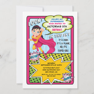 Superhero Super Girl Comic Buch Einladungen