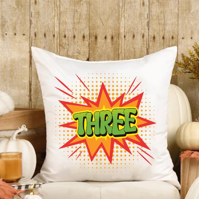 Superhero Thema Drei Jahre alte Kinder Happy Birth Kissen (Superhero Theme Three year old kids Happy Birthday Throw Pillow)