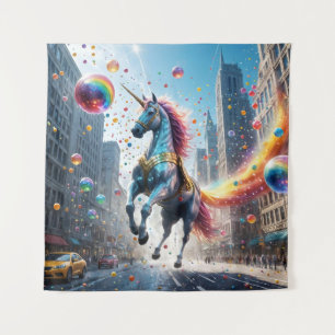 Superhero Unicorn in Bouncy Ball City Wandteppich