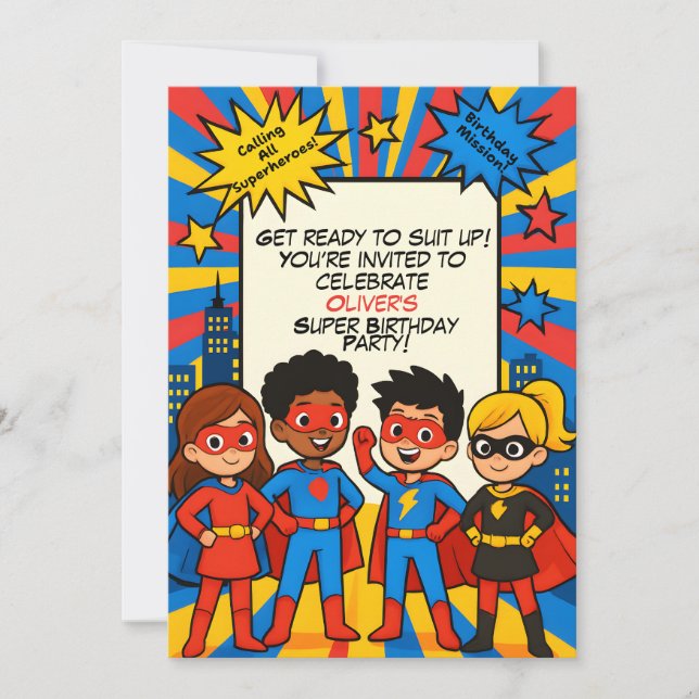 Superheroes Birthday Invitation – Custom 5x7 Card Einladung (Vorderseite)