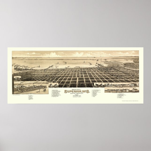 Superior, WI Panorama Karte - 1883 Poster (Vorne)