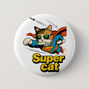 Superkatze fliegt mit Fisch Button