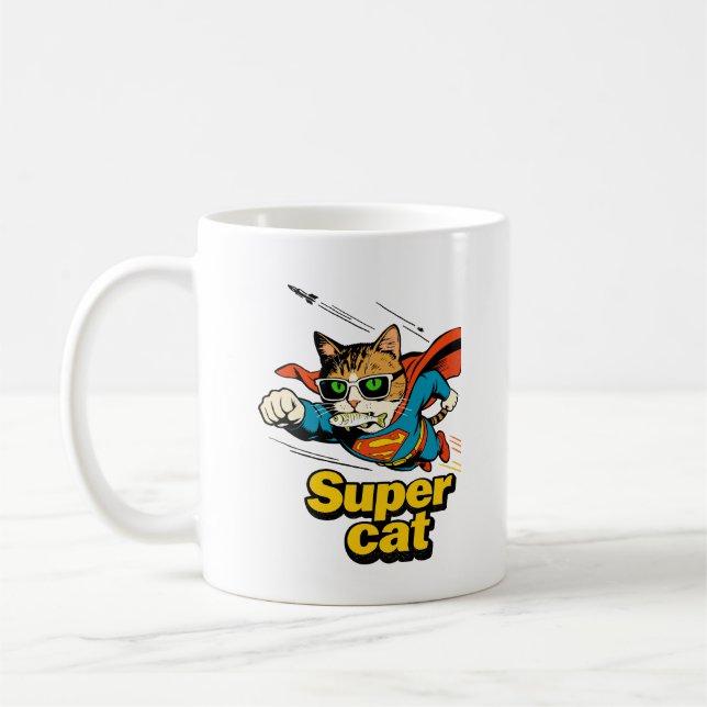 Superkatze fliegt mit Fisch  Kaffeetasse (Links)