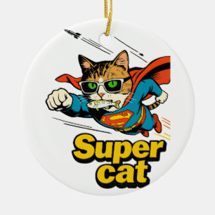 Superkatze fliegt mit Fisch Keramik Ornament