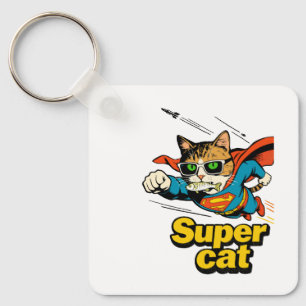 Superkatze fliegt mit Fisch Schlüsselanhänger