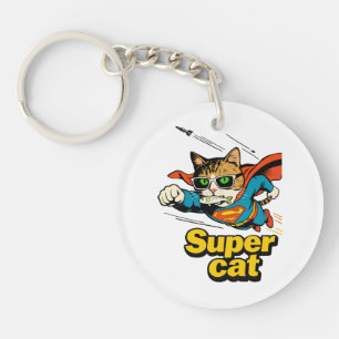 Superkatze fliegt mit Fisch Schlüsselanhänger