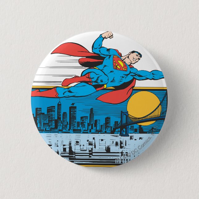 Superman fliegt über die Stadt Button (Vorderseite)