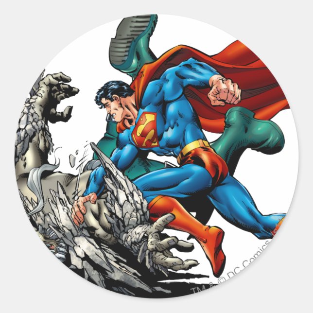 Superman kämpft Monster Runder Aufkleber (Vorderseite)