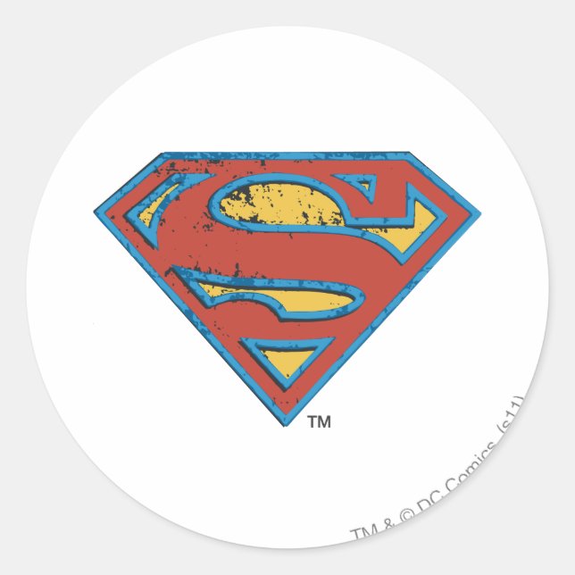 Superman S-Shield | Blue Kontur Grunge Logo Runder Aufkleber (Vorderseite)
