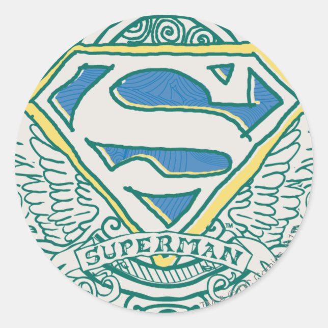 Superman Stylized | Wings and Name Logo Runder Aufkleber (Vorderseite)