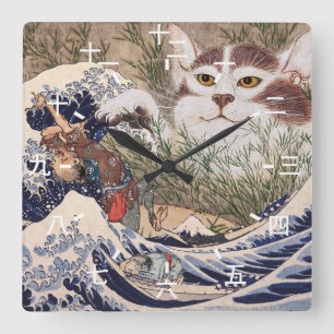 Supernatural Cat at the Great Wave Quadratische Wanduhr