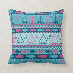 Superspaß-Fisch-und Segelboot-Muster Kissen