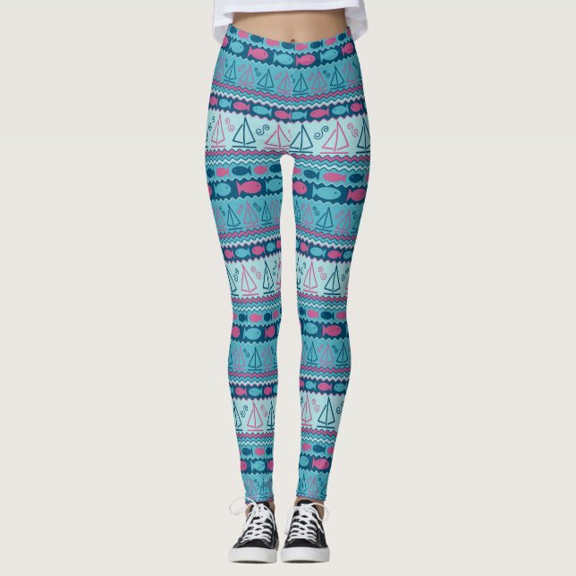 Superspaß-Fisch-und Segelboot-Muster Leggings (Vorderseite)