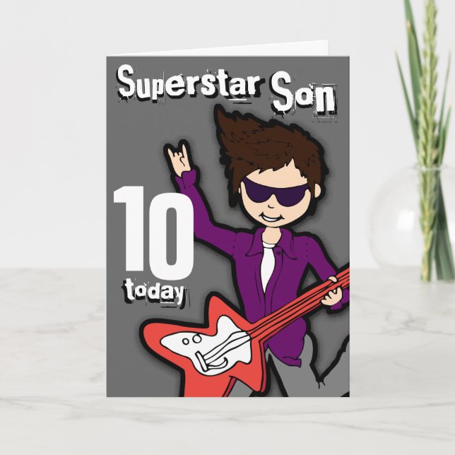 Superstar Son 10. Geburtstag graue rote Jungenkart Karte (Vorderseite)