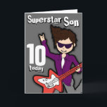 Superstar Son 10. Geburtstag graue rote Jungenkart Karte<br><div class="desc">Auf dieser Karte steht: "Superstar Son 10 heute. Innen: "Herzlichen Glückwunsch zum Geburtstag". Oder passen Sie Ihre eigenen Worte an. Spaß-Karte mit einem Jungen mit dunklem Haar und heller Haut Illustration und Design von Sarah Trett.</div>