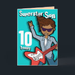 Superstar Son 10. Geburtstagskarte Aqua Karte<br><div class="desc">Auf dieser Karte steht: "Superstar Son 10 heute. Innen: "Herzlichen Glückwunsch zum Geburtstag". Oder passen Sie Ihre eigenen Worte an. Spielkarte,  die ausschließlich von Sarah Trett entworfen wurde.</div>