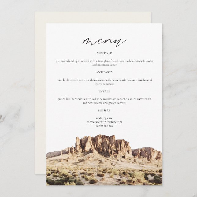 SUPERSTITION MOUNTAIN Watercolor Wedding Menu Card Menükarte (Vorne/Hinten)