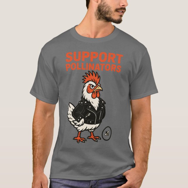 Support Polinators Cool Rooster in Leather Jacket T-Shirt (Vorderseite)